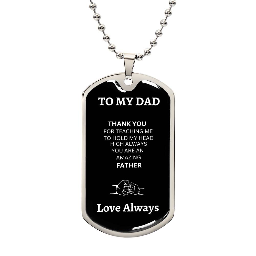 Front view of silver dog tag with 'To My Dad' engraving, made from high-quality surgical steel, showcasing a sleek and polished design.