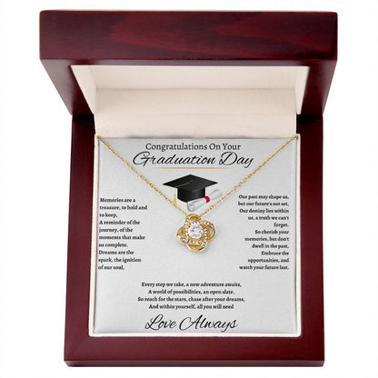 Front view of Love Knot Necklace with a message card, displayed in a luxury box with LED spotlight, featuring a sparkling cubic zirconia crystal for an elegant gift.