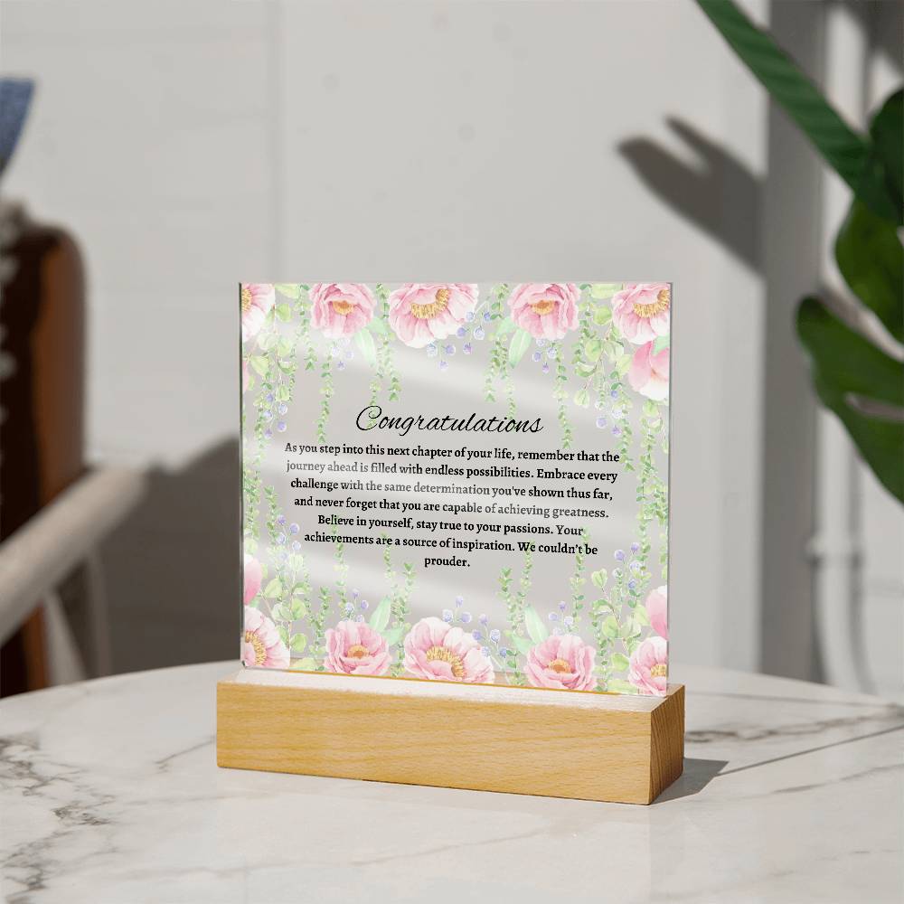 Front view of square acrylic plaque with crystal-clear premium acrylic and detailed printed design, featuring a sleek wooden base or optional LED base