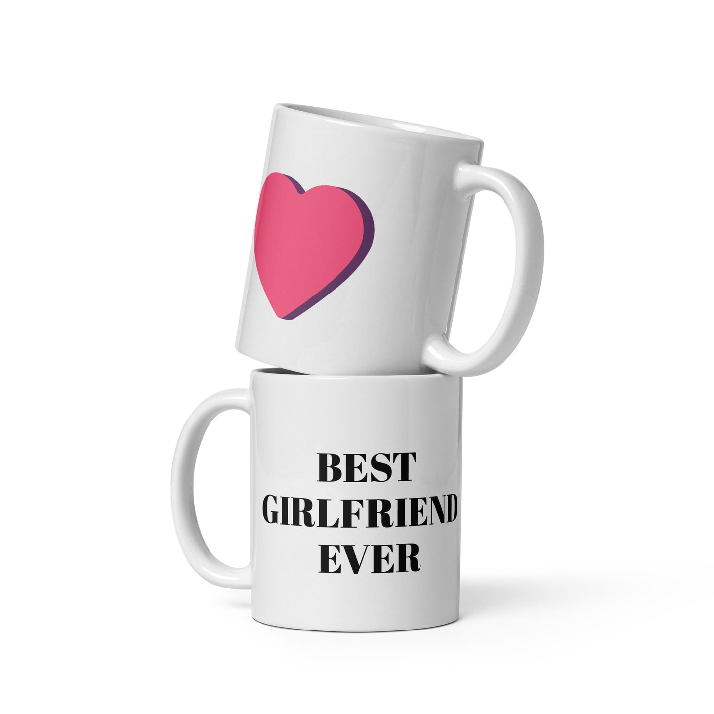 Two 'Best Girlfriend Ever' mugs stacked, showing front and backside designs. Crafted from high-quality ceramic, perfect for daily use and heartfelt gifting